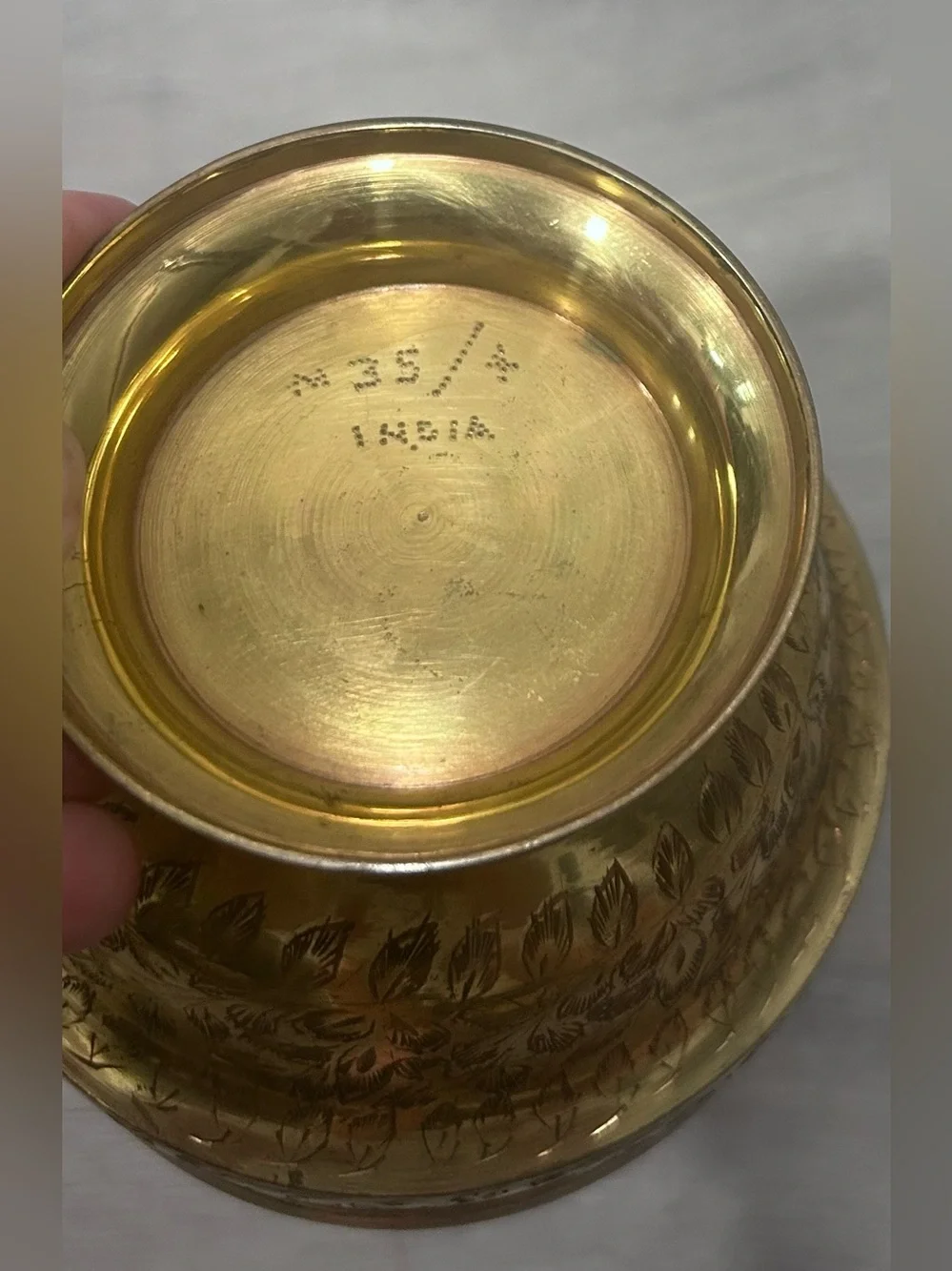 Indian Brass Pedestal Bowl Hand Etched Floral Design Traditional India Decor VTG